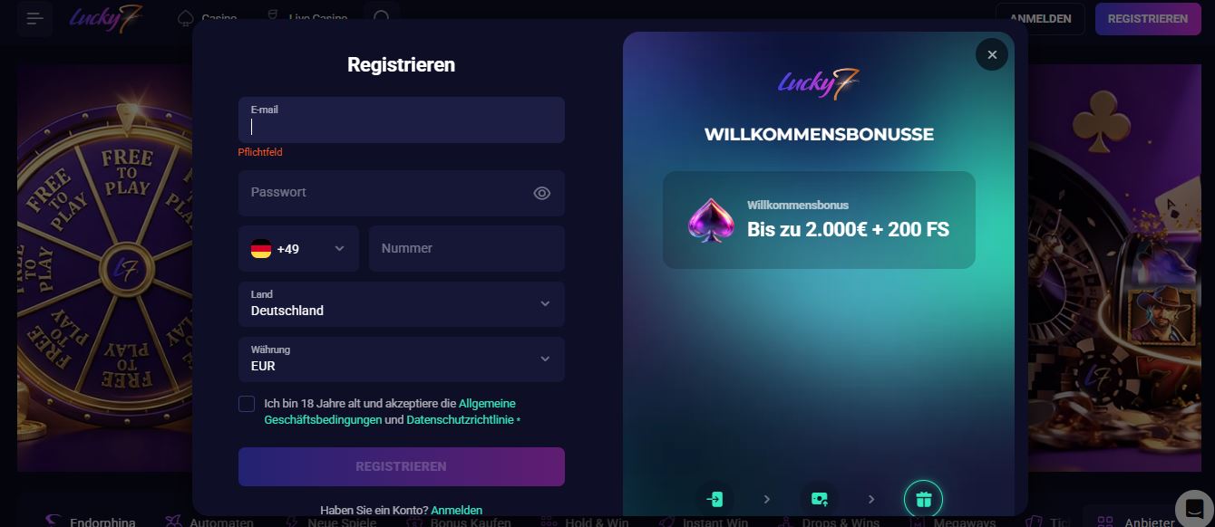 Lucky7even-Konto erstellen und Willkommensbonus bis zu 2000 Euro plus 200 Freispiele beanspruchen
