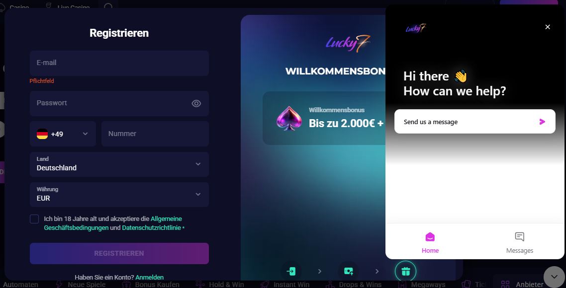 Neues Konto bei Lucky7even registrieren und den Live-Support-Chat gleichzeitig nutzen